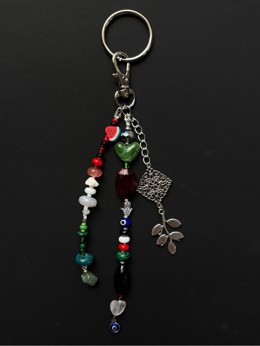 Palestine Bag Charm. With beaded watermelon pattern. Silver hardware accessory